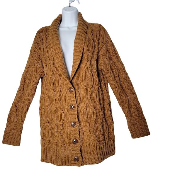 LL Bean Shawl Collar Cable Knit Cardigan Sweater Small Brown Wool Blend Button - Picture 1 of 7